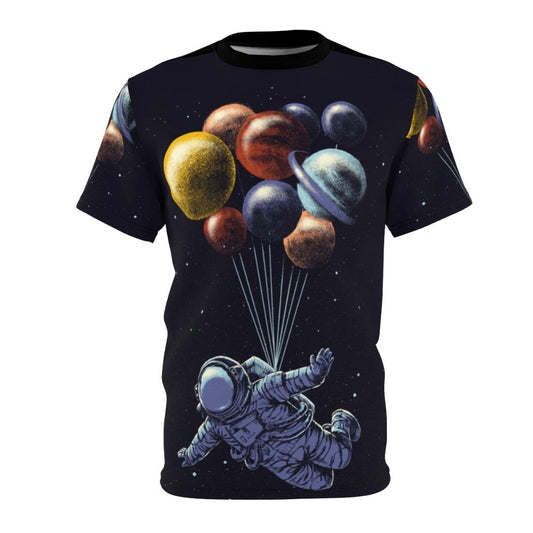 Colorful and surreal graphic of a galaxy, moon, and solar system elements on a t-shirt