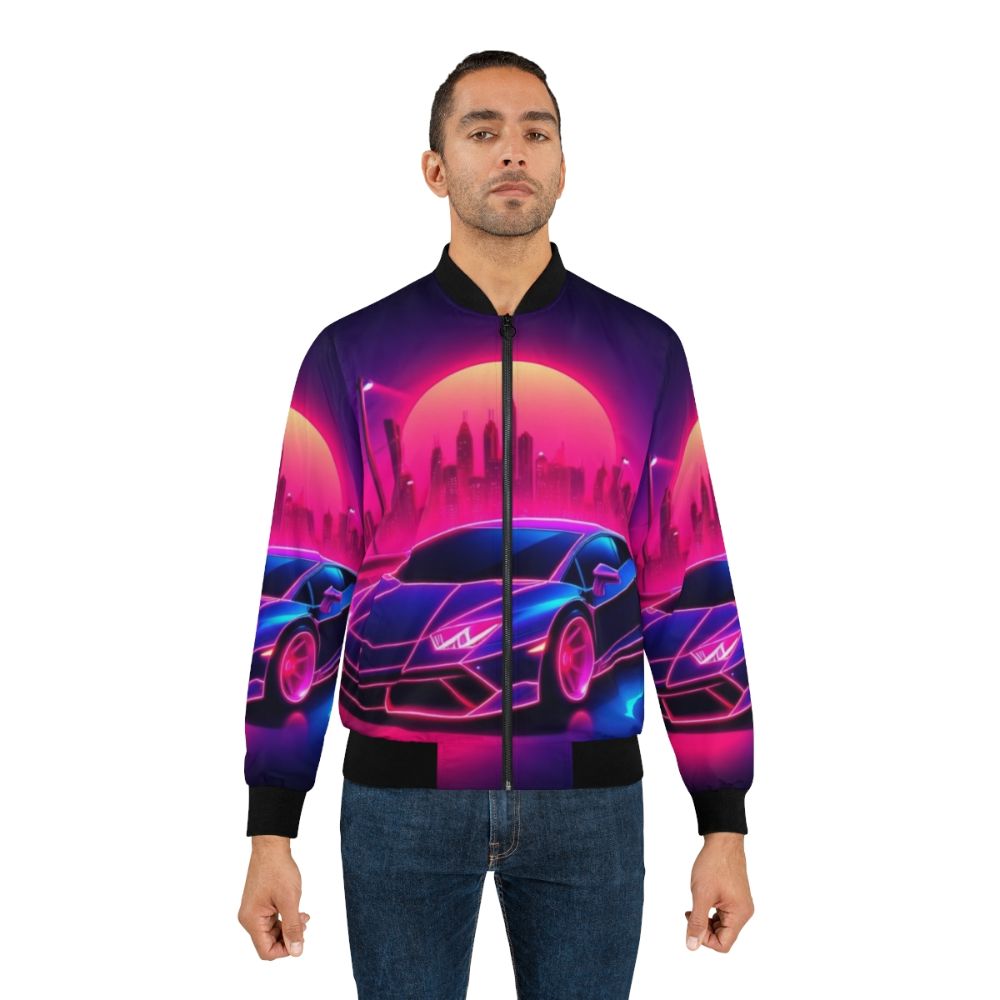 Retro synthwave bomber jacket with neon car and sunset design - Lifestyle