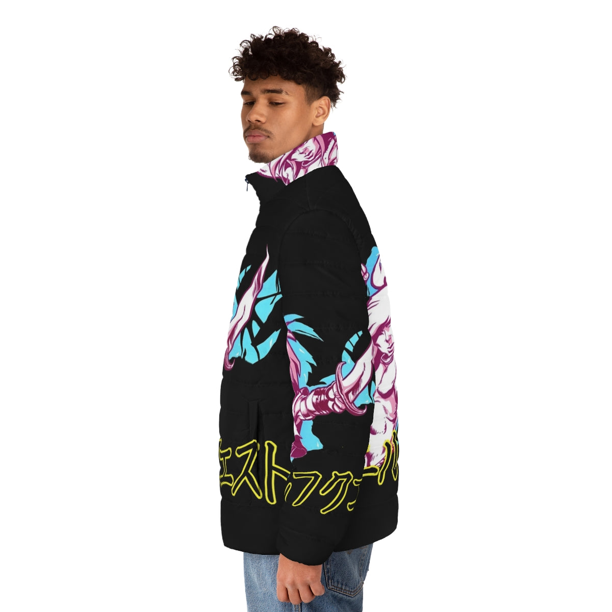 Elfquest Katakana Puffer Jacket featuring fantasy art and characters - men side left