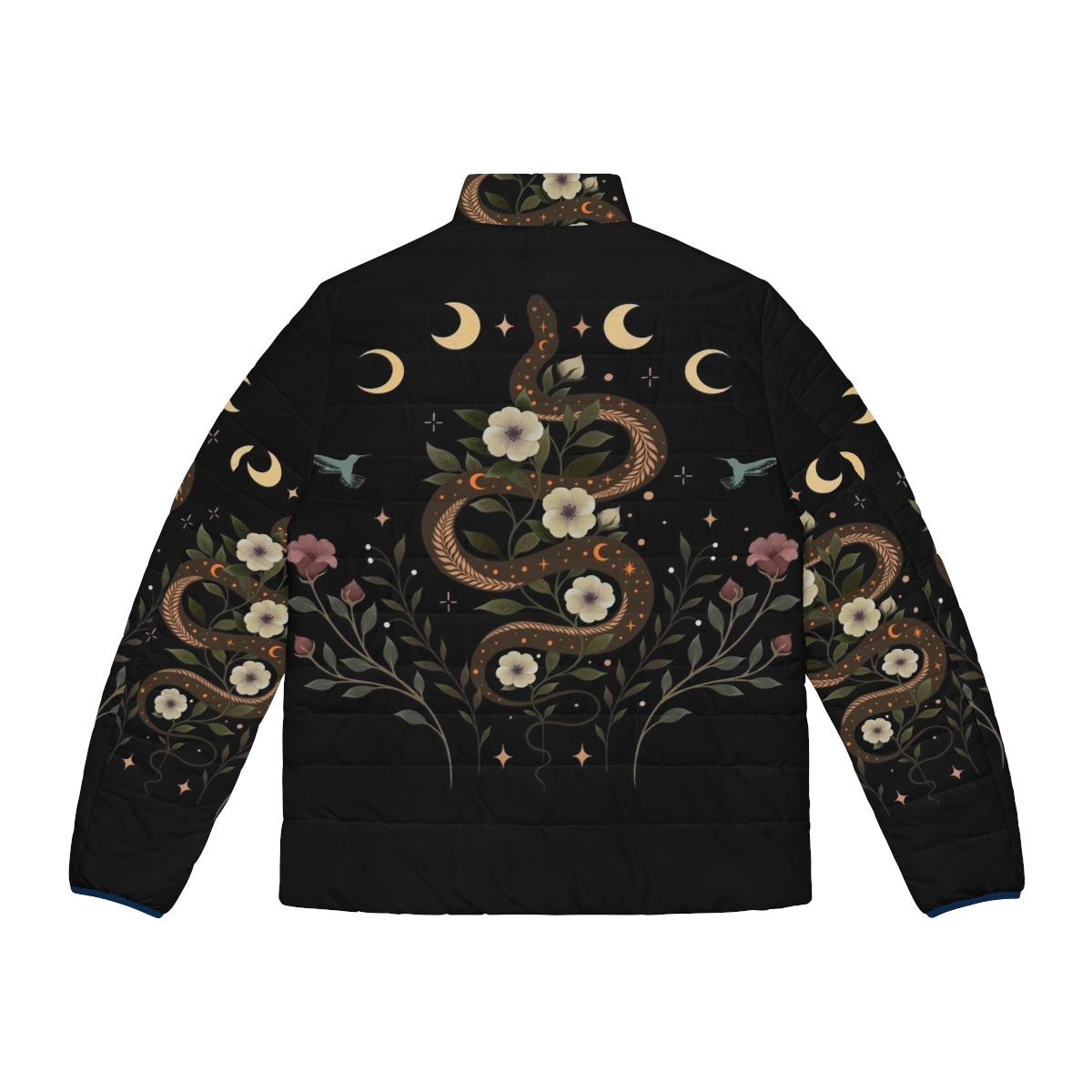 Serpent Spell Puffer Jacket in Mystical Botanical and Moonlight Design - Back