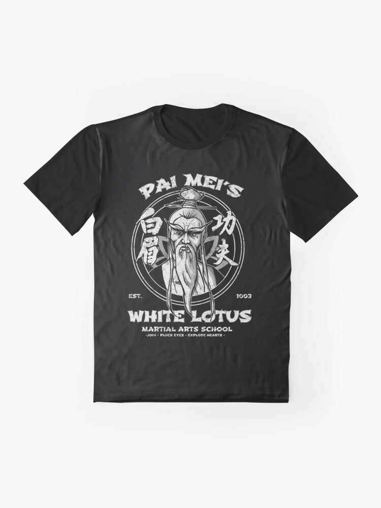 White Lotus graphic t-shirt featuring martial arts and kung fu design - Flat lay