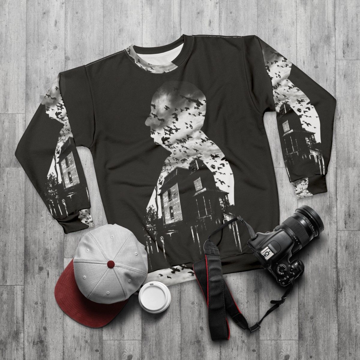 Alfred Hitchcock Inspired Collage Sweatshirt - flat lay