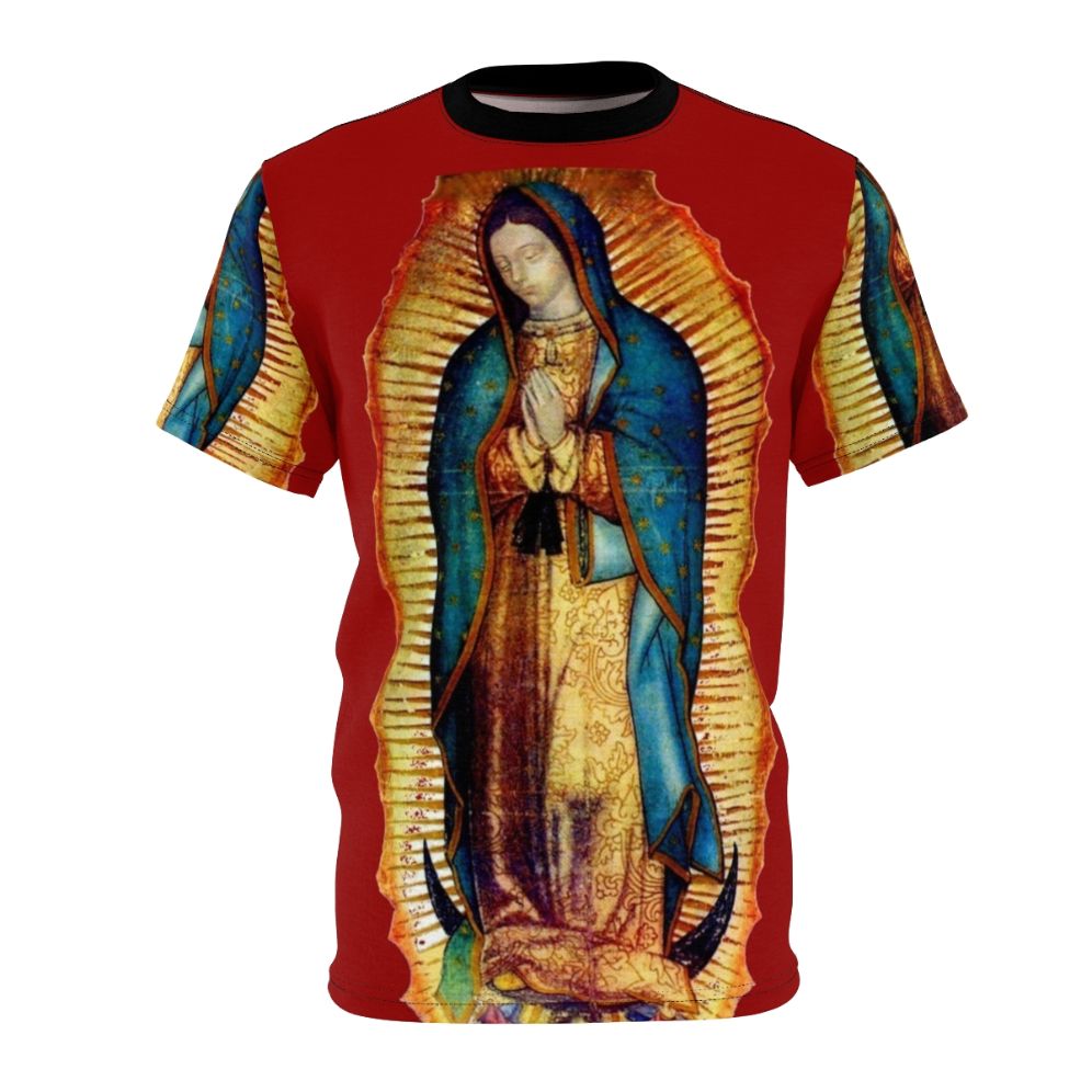 Faithful depiction of the revered Our Lady of Guadalupe icon on a quality AOP t-shirt.