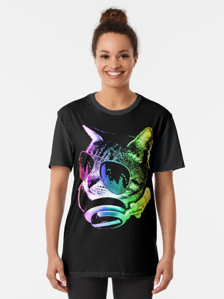 Multicolored rainbow cat wearing headphones and glasses, listening to music - Women