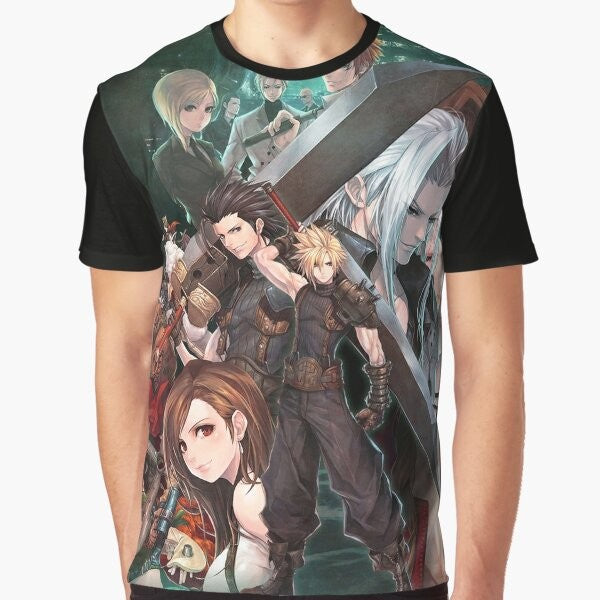 Crisis Core Final Fantasy 7 Graphic T-Shirt featuring characters Cloud, Tifa, Aerith, and Sephirot