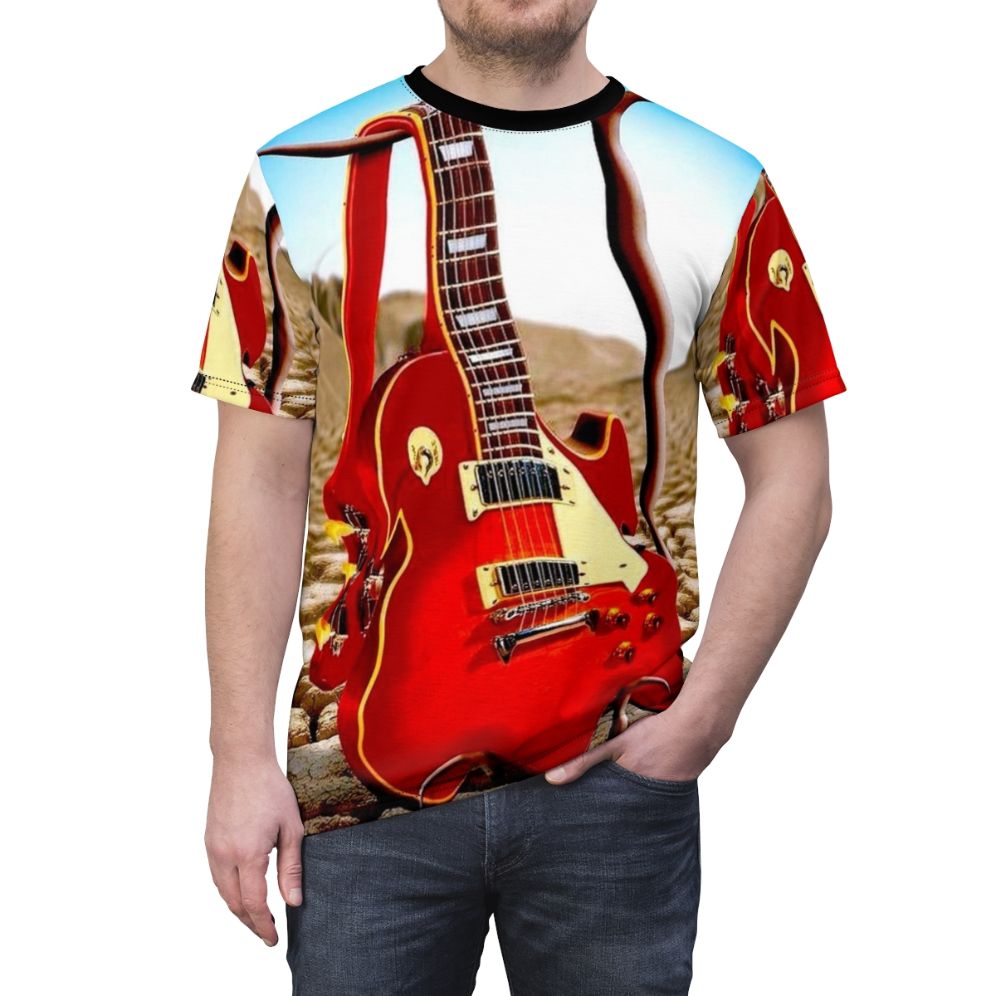 Vintage abstract t-shirt design featuring a melted guitar in a surreal desert landscape - men front