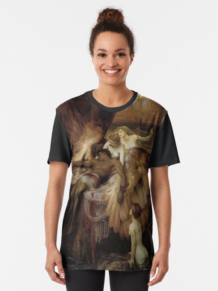 Graphic t-shirt featuring "The Lament for Icarus" painting by Herbert James Draper, depicting the tragic story of Icarus from Greek mythology. - Women