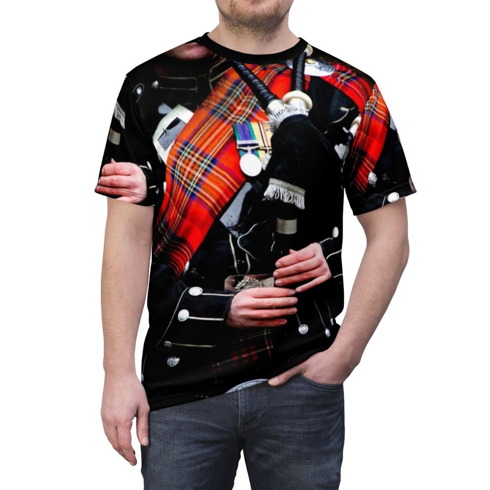 Bagpipe inspired Scottish tartan and kilt themed t-shirt - men front