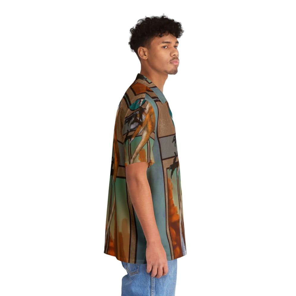 Velociraptor Nouveau Hawaiian Shirt featuring a feathered dinosaur design - People Pight