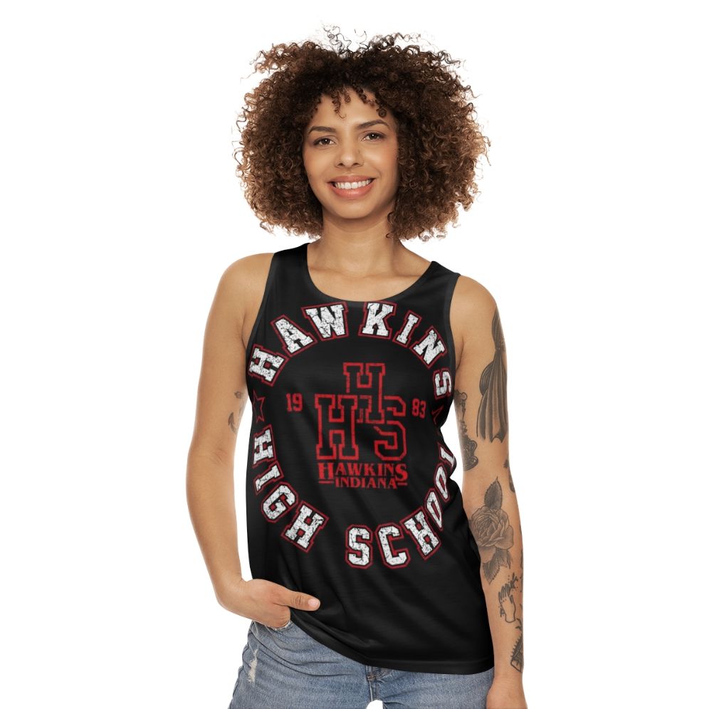 Retro unisex tank top with Hawkins High School and Stranger Things inspired design - women