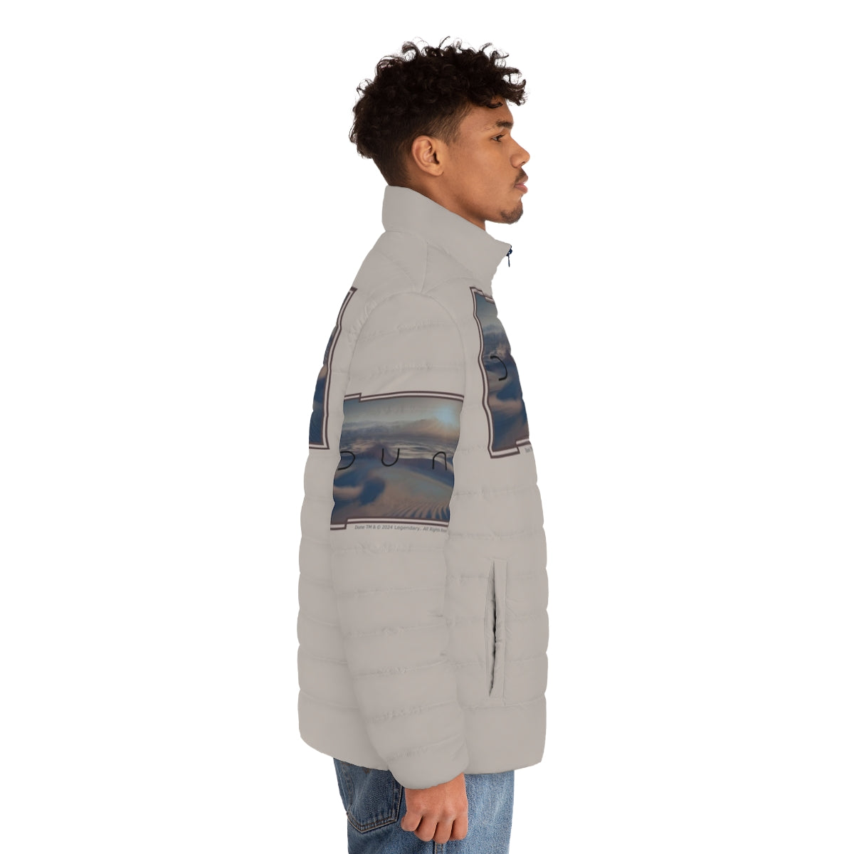 Greyish beige puffer jacket with a Dune-inspired desert aesthetic - men side right