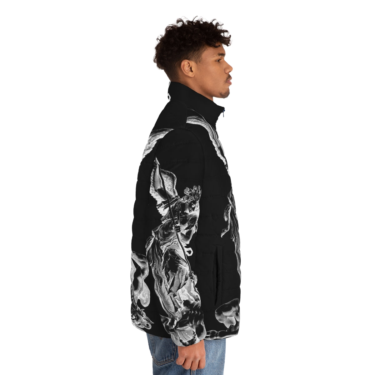 Archangel Michael puffer jacket featuring imagery of the celestial warrior conquering the devil - men side right