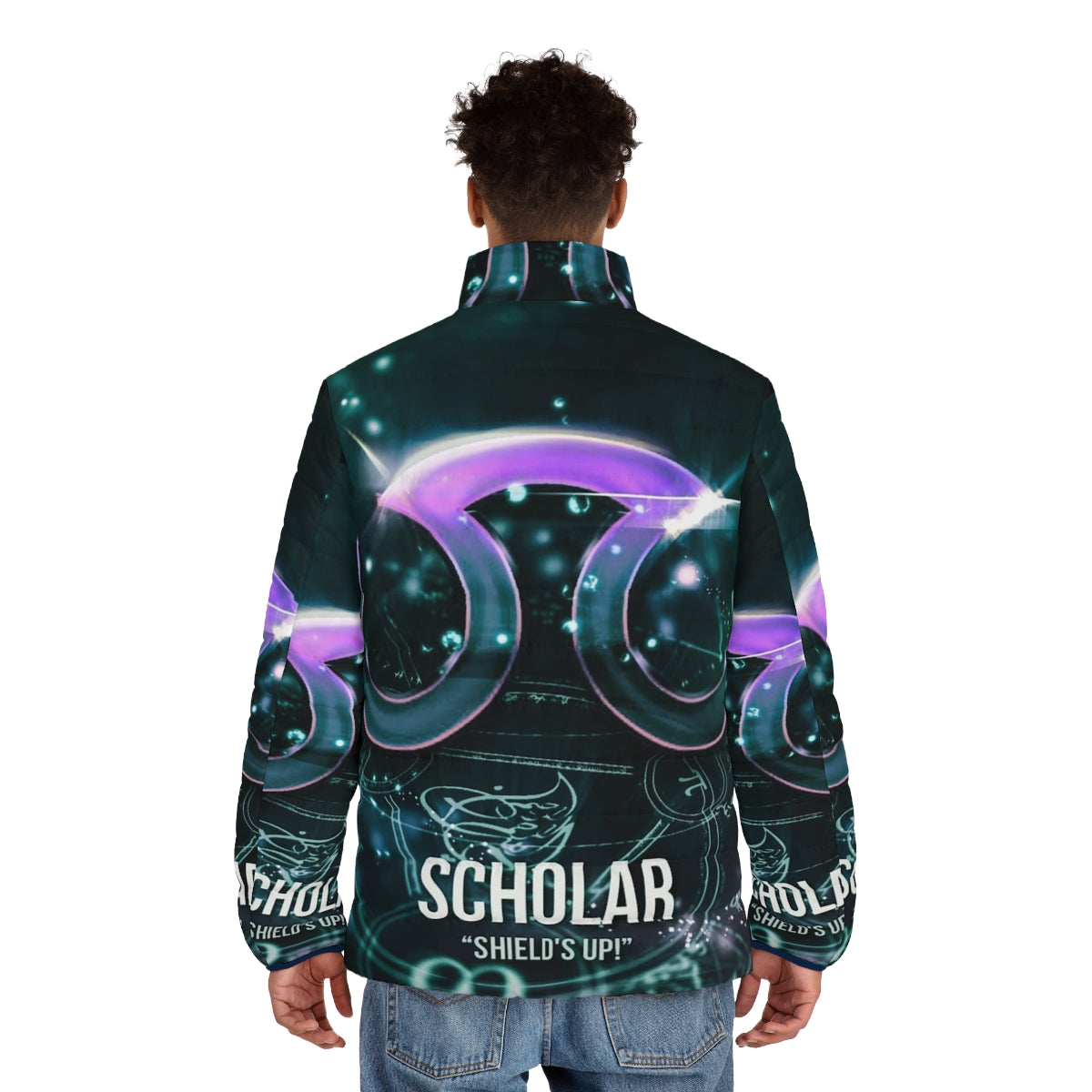 Final Fantasy XIV Scholar Puffer Jacket featuring the Crystal Soul design - men back