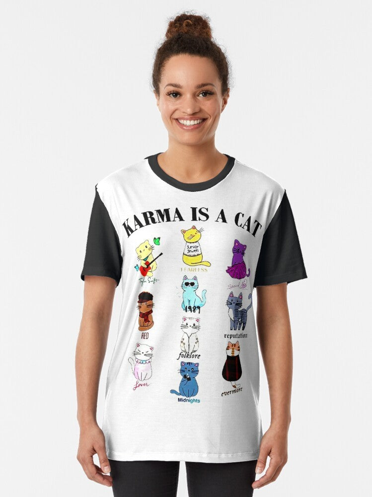 "Karma Is a Cat graphic t-shirt with a cute cat design" - Women