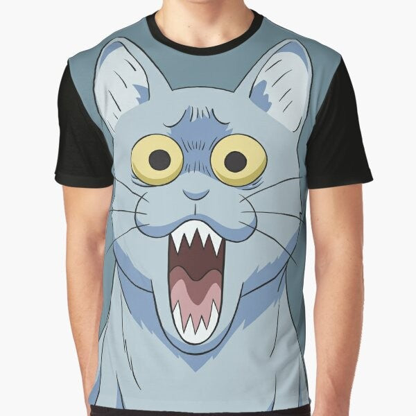 Illustration of a horrified, shocked, and surprised cat with a disgusted expression, perfect for an anime or manga-inspired t-shirt design.