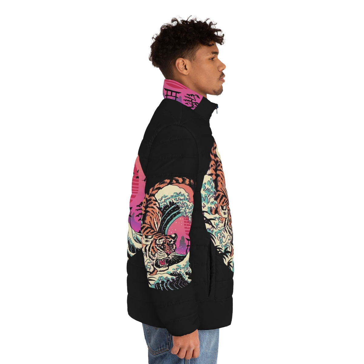 Retro puffer jacket with tiger wave graphic design - men side right