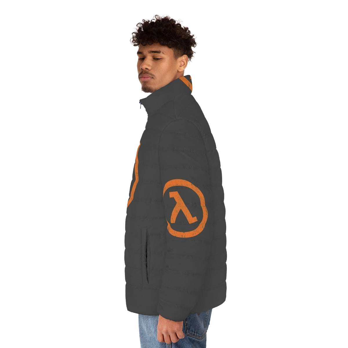 Half Life Lambda Symbol Puffer Jacket - gaming inspired outerwear with lambda symbol - men side left