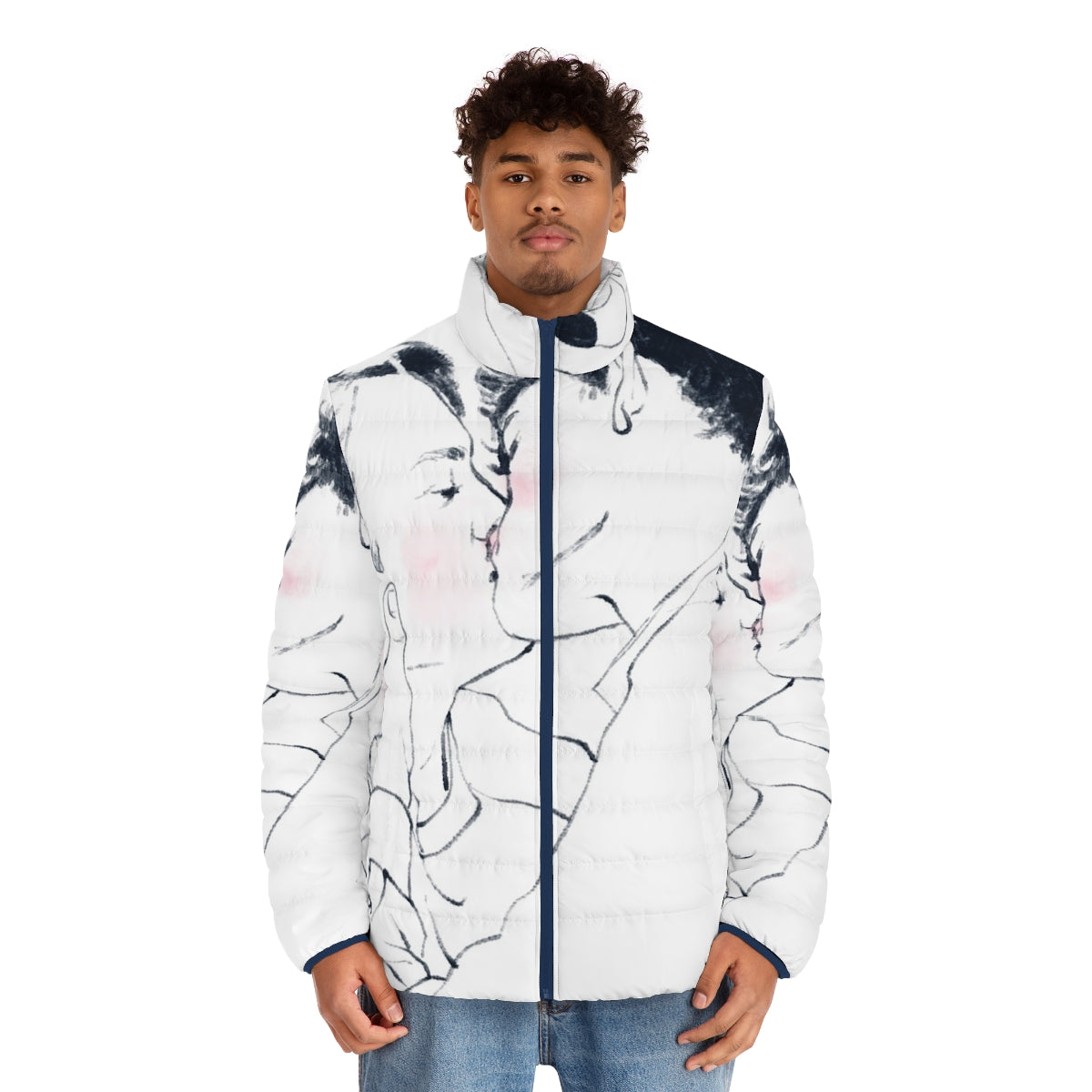 Heartstopper inspired puffer jacket featuring a kiss design - men front