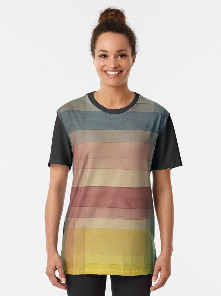 "Colorful graphic t-shirt featuring Paul Klee's "Architecture of the Plain" 1923 cubist art design" - Women