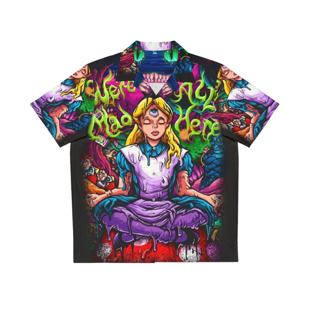 Alice in Wonderland inspired Hawaiian shirt with trippy, psychedelic design