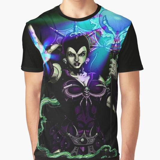 A dark and powerful graphic t-shirt featuring Evil Lyn, the iconic character from the He-Man universe.