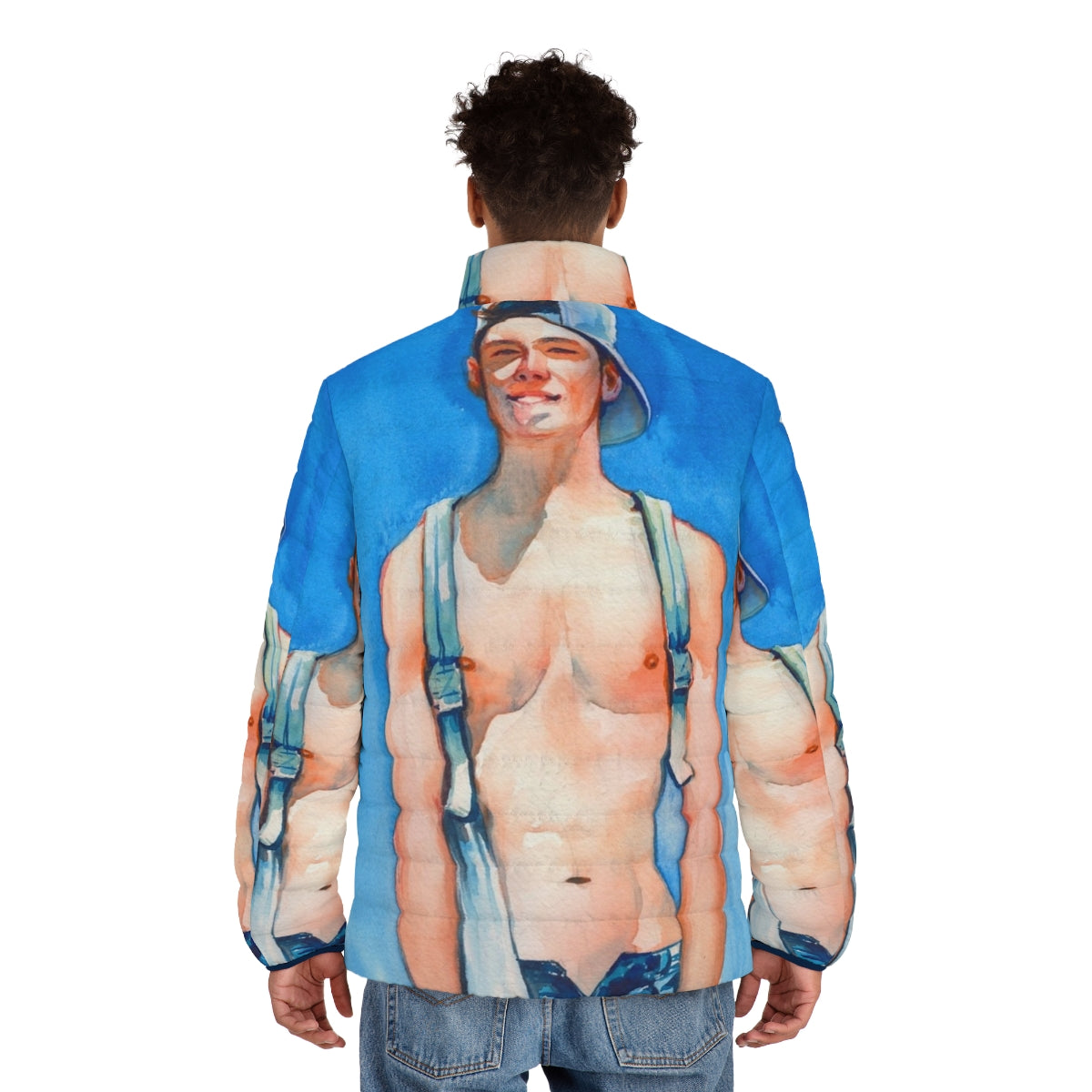 Vibrant watercolor puffer jacket featuring a summer-inspired design - men back