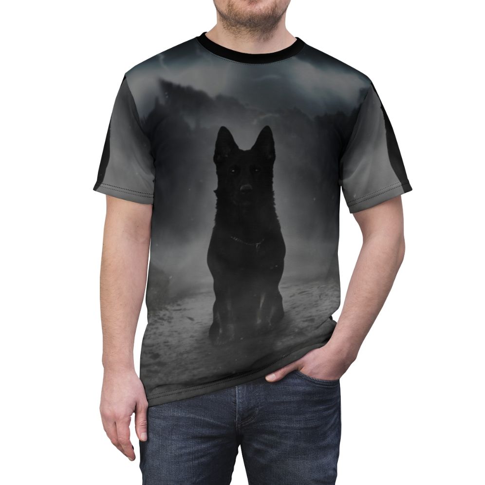 A haunting t-shirt design featuring a black German shepherd silhouette in a misty, foggy night scene. - men front