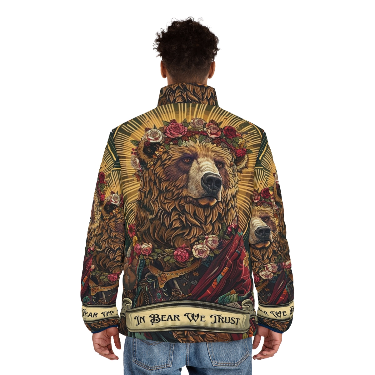 Woman wearing in bear we trust puffer jacket with feminist bear design - men back