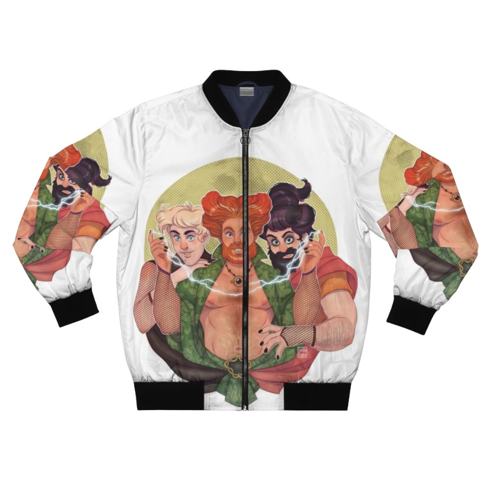 Hocus Pocus-inspired gay bear bomber jacket with muscle men and bearded men illustration