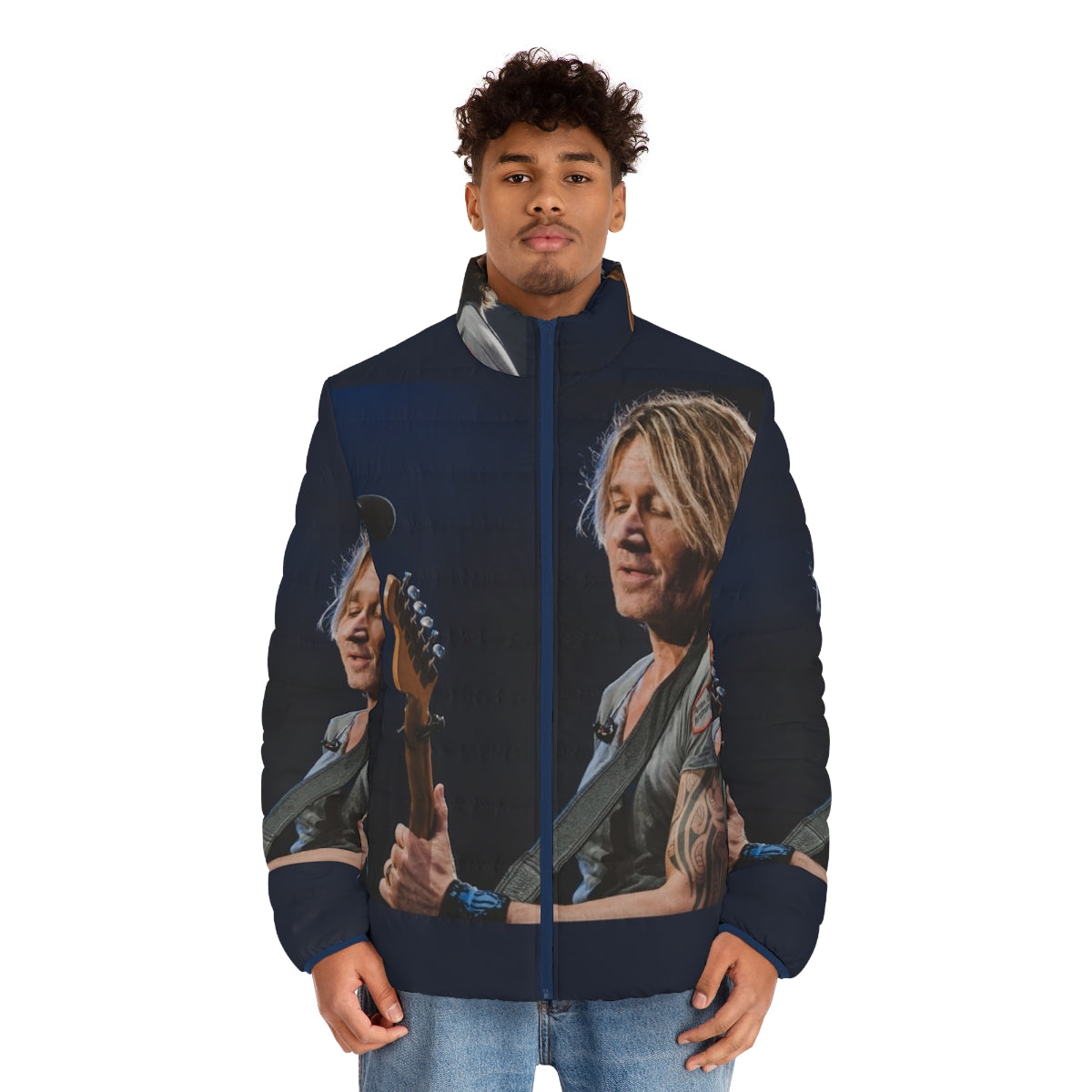 Keith Urban concert photography printed on a puffer jacket - men front