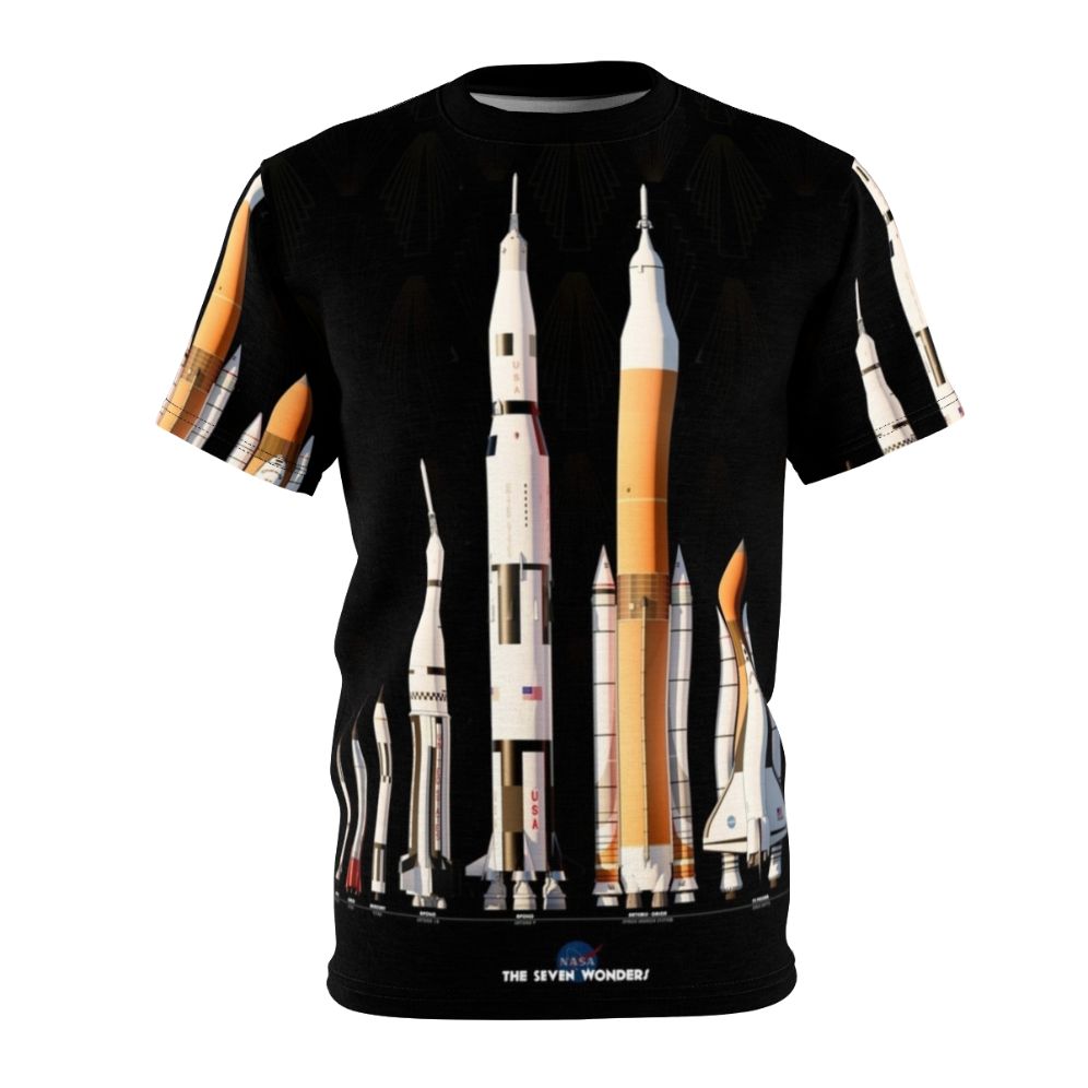 Black t-shirt with a graphic design featuring various NASA rockets and spacecraft on a dark background