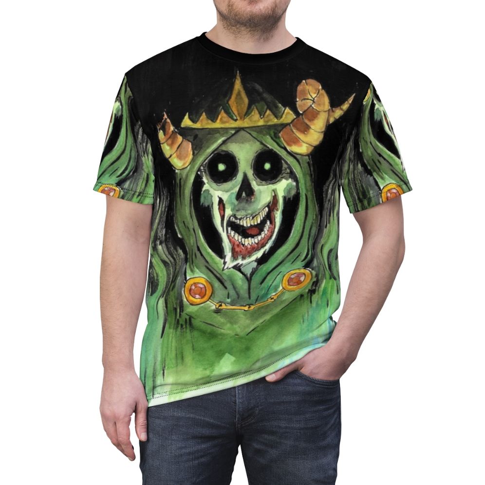 Ominous lich character illustration printed on a high-quality t-shirt for fans of dark fantasy and horror themes. - men front