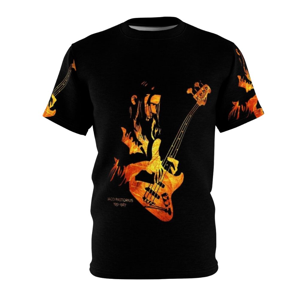 Jaco Pastorius tribute t-shirt featuring a fretless bass, honoring the legendary jazz fusion bassist