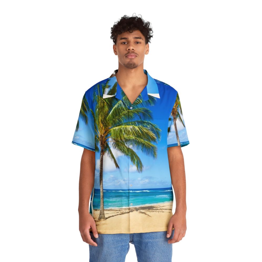 Tropical Hawaiian shirt with palm trees and sandy beach scene - People Front