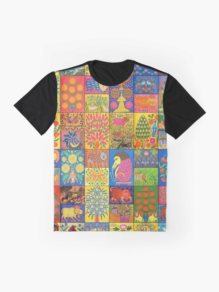 Colorful graphic t-shirt featuring the iconic folk art paintings of Ukrainian artist Maria Pryimachenko - Flat lay