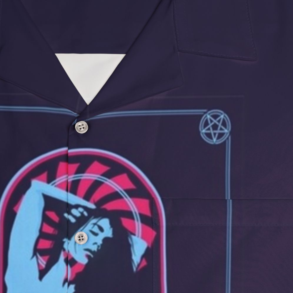 Satanic-inspired Hawaiian shirt with occult symbols and heavy metal imagery - Detail