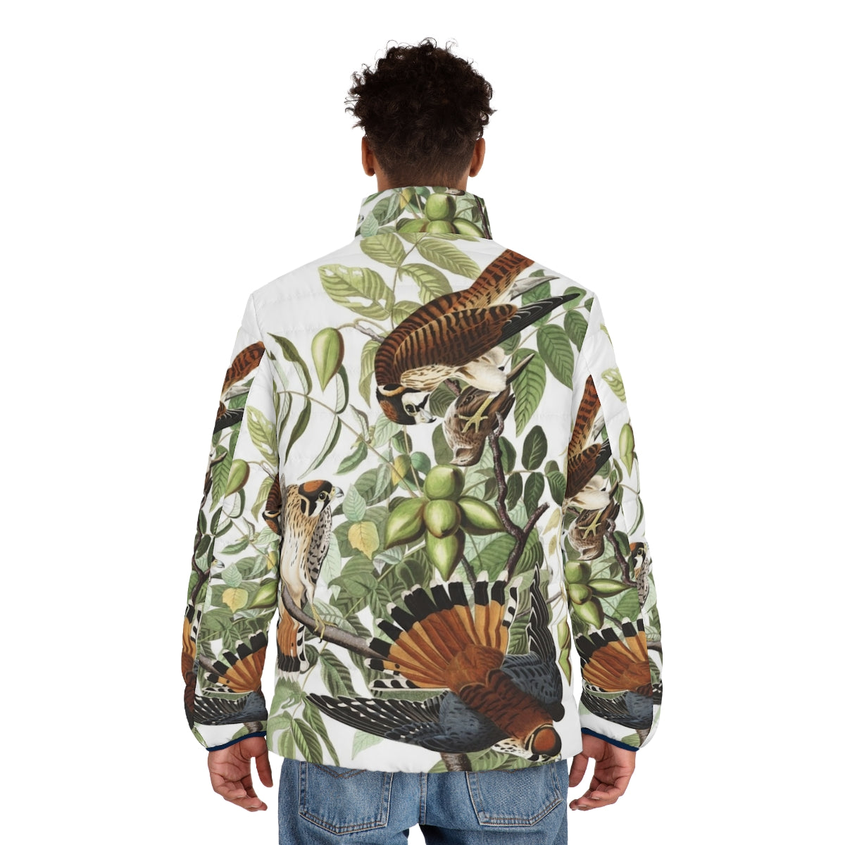 American Kestrel bird print on a puffer jacket, inspired by Audubon's wildlife art - men back