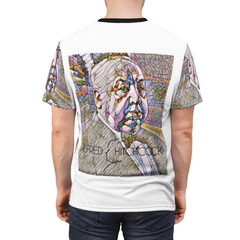 T-shirt featuring iconic artwork and silhouette of legendary director Alfred Hitchcock - men back