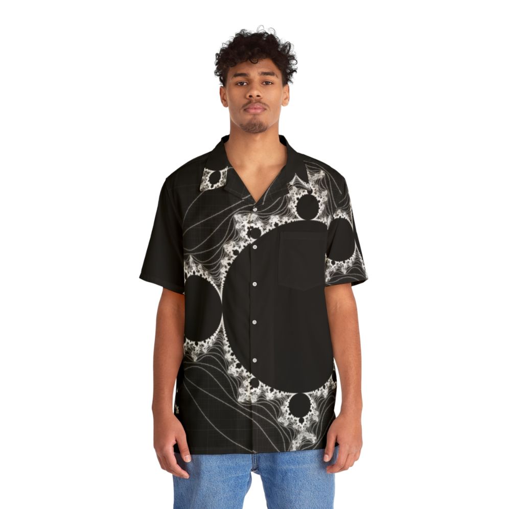 "Minimalist Fractal Design White Linear Mandelbrot Hawaiian Shirt" - People Front