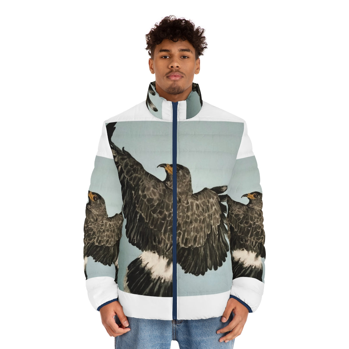 A stylish puffer jacket featuring a hawk or bird of prey design, perfect for outdoor enthusiasts and nature lovers. - men front