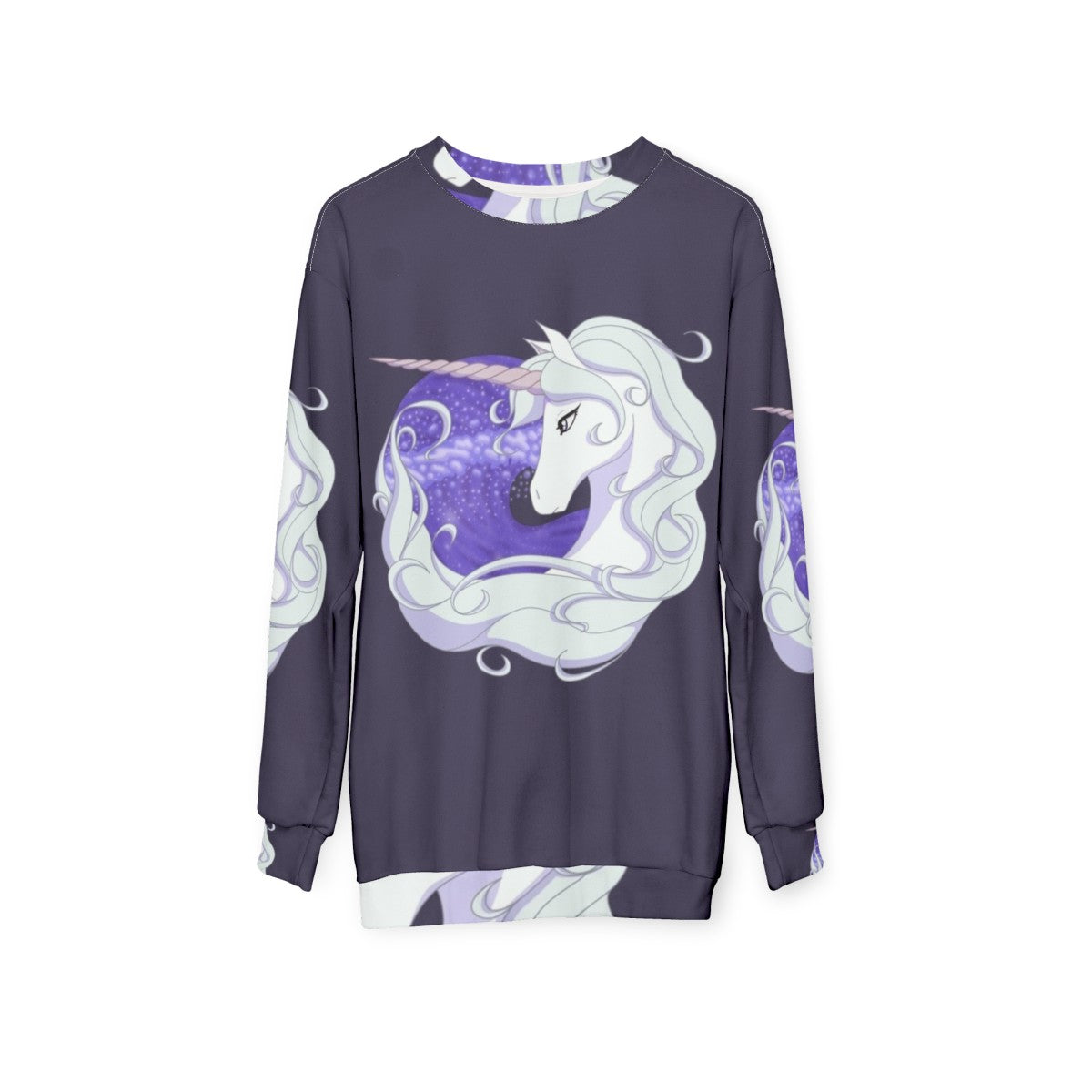 The Last Unicorn sweatshirt featuring a mythical unicorn swimming through ocean waves - hanging