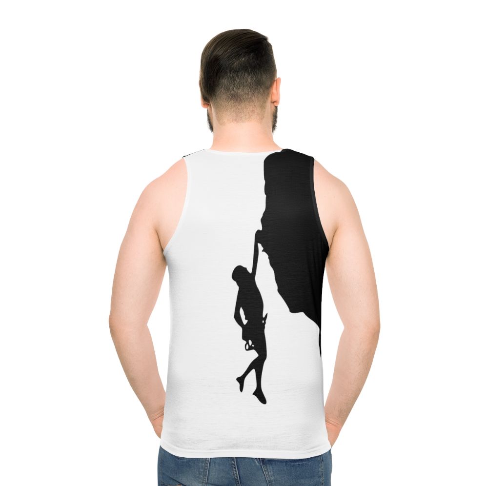 Man climbing rock wall wearing Climb Cliffhanger Unisex Tank Top - men back