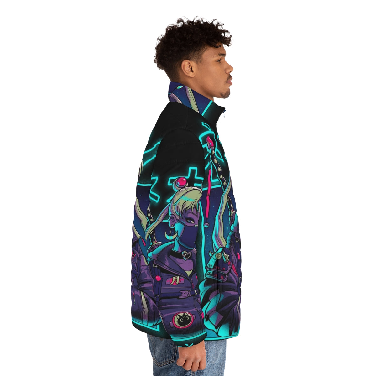 Neon puffer jacket with moon and samurai design - men side right