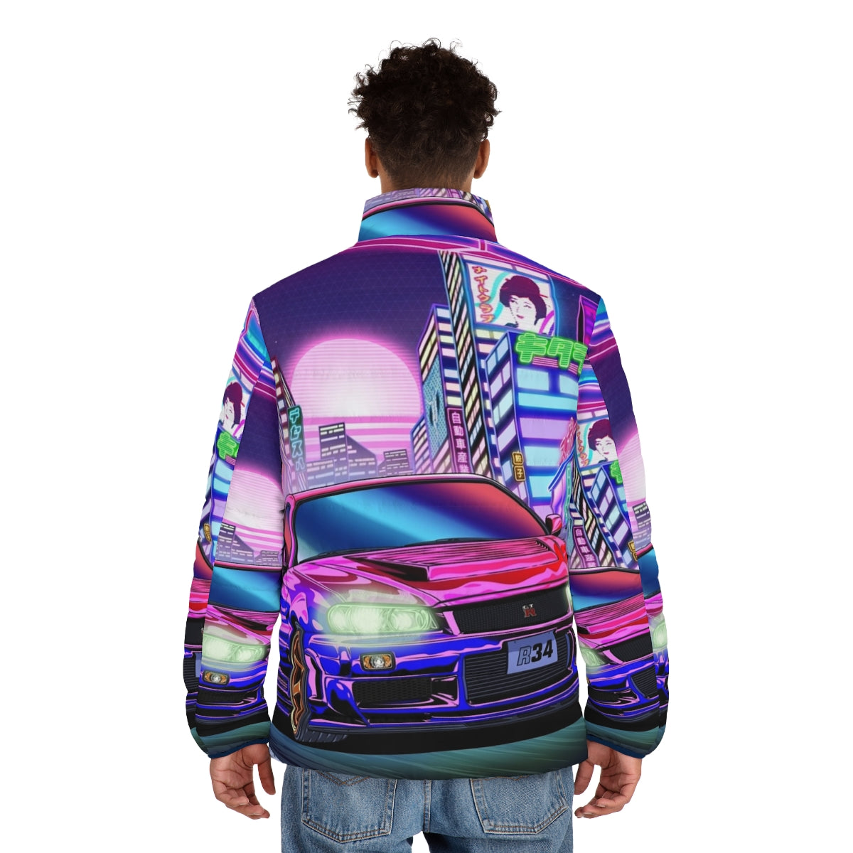 Nissan Skyline GT-R R34 vaporwave puffer jacket - men back