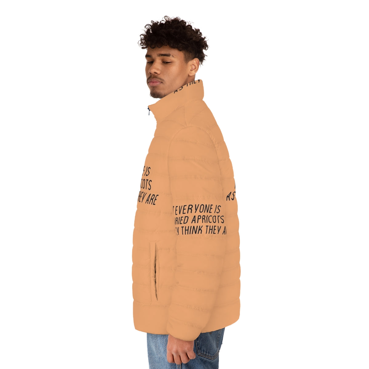 James Acaster's Apricots Puffer Jacket - Surreal Comedy Style with Typography and Minimalist Design - men side left