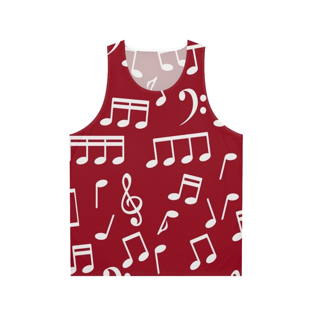 White music notes unisex tank top with red background