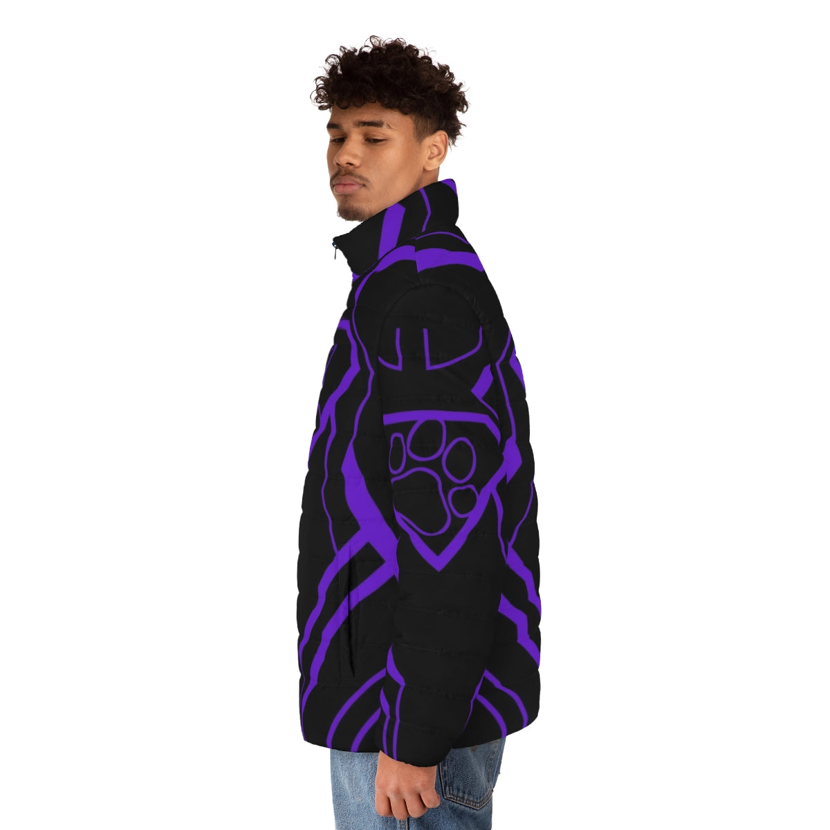 Superpup Purple Puffer Jacket with LGBTQ+ and puppy play inspired design - men side left