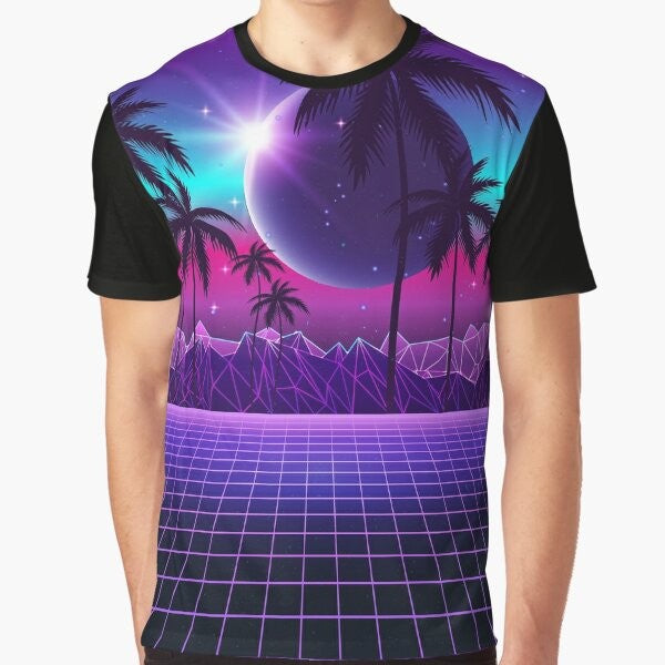 Retro futuristic Twilight Synthwave graphic t-shirt with neon colors and a dreamy, aesthetic design.