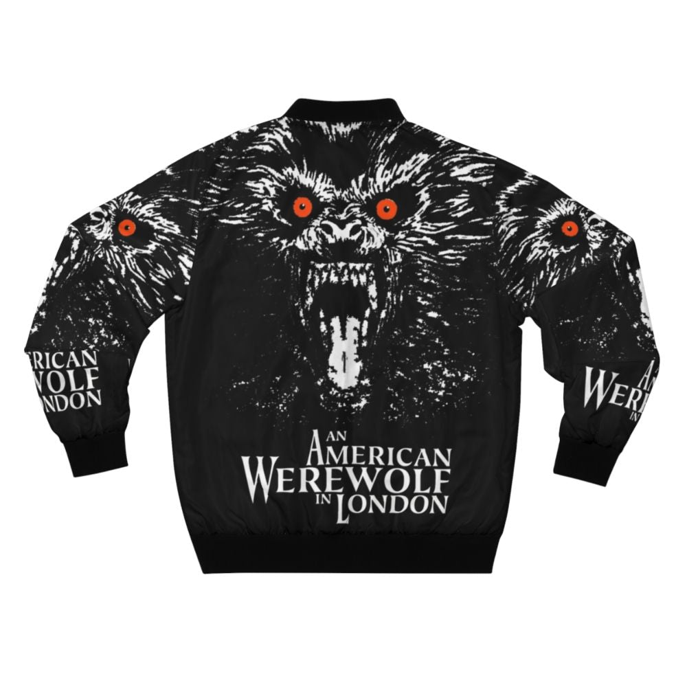 Bomber jacket featuring a graphic design of a werewolf transforming during a full moon in London. - Back