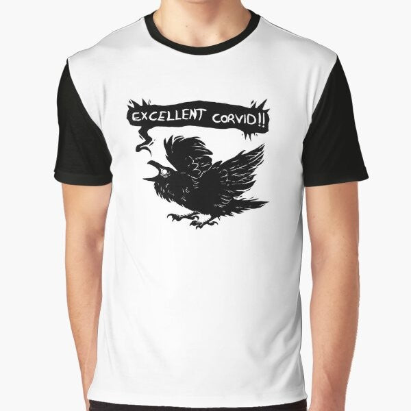 A graphic t-shirt featuring a stylized corvid (crow or raven) design in a dark, mystical style.